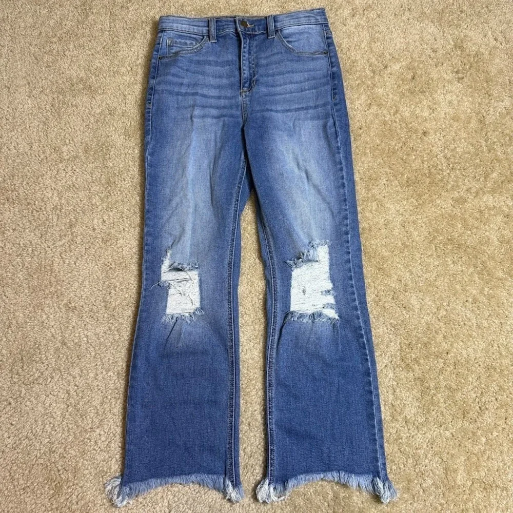 Altar'd State Jeans Womens 7 Blue Distressed Flare Raw Hem‎ High Rise Stretch